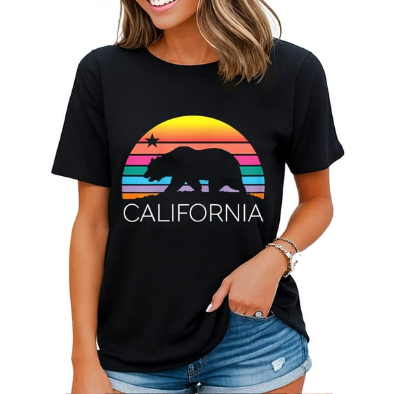 Retro California Surf Vintage Beach Ca 80s Venice Palm Sun T-Shirt for Women Black Medium