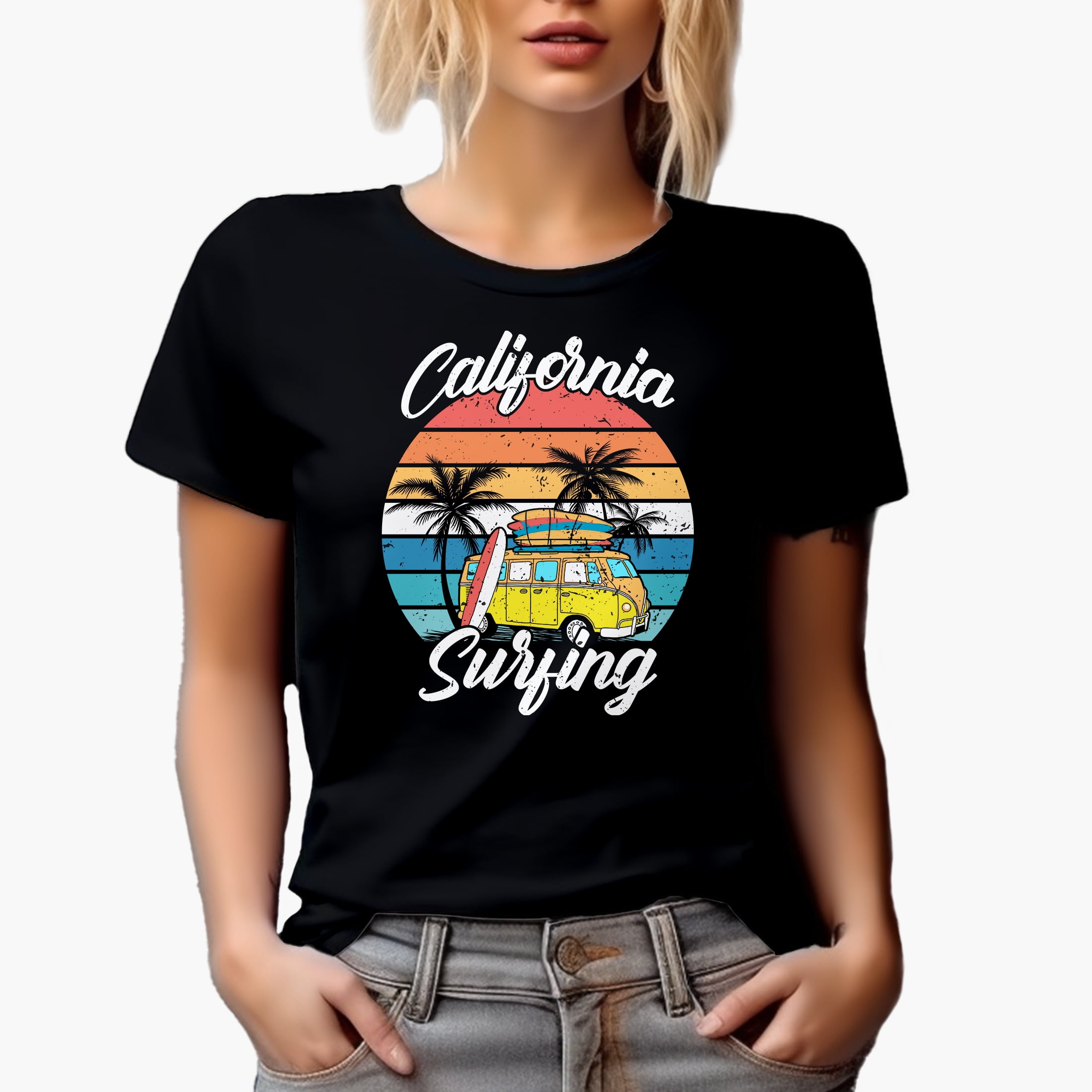 Retro California Surfing with Van and Surfboards, Black T-Shirt, XL