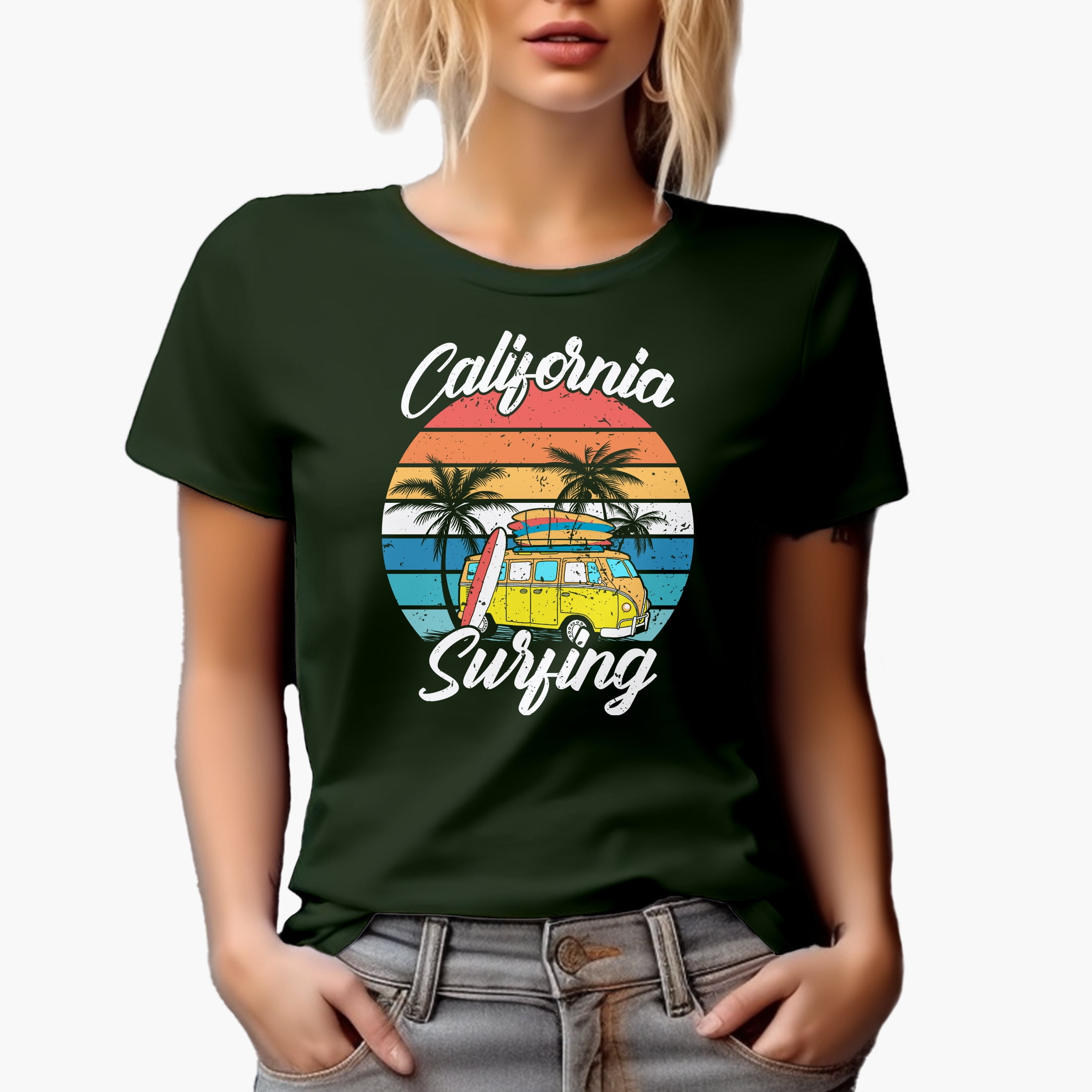 Retro California Surfing with Van and Surfboards, Military Green T-Shirt, Large