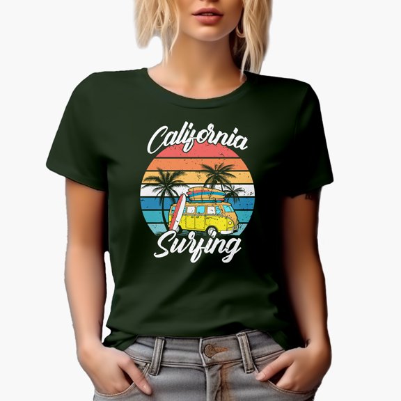 Retro California Surfing with Van and Surfboards, Military Green T-Shirt, Medium