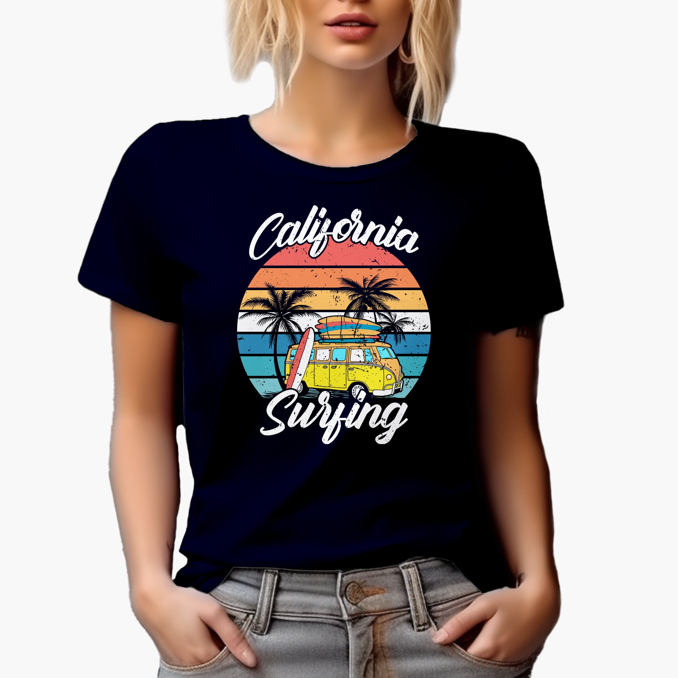 Retro California Surfing with Van and Surfboards, Navy Blue T-Shirt, 3XL