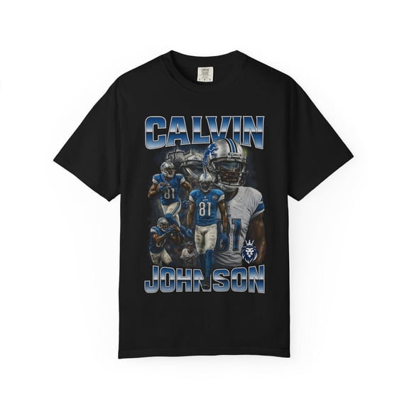 Retro Calvin Johnson T-Shirt Vintage Bootleg Style Football Tee,Black Color,Size M