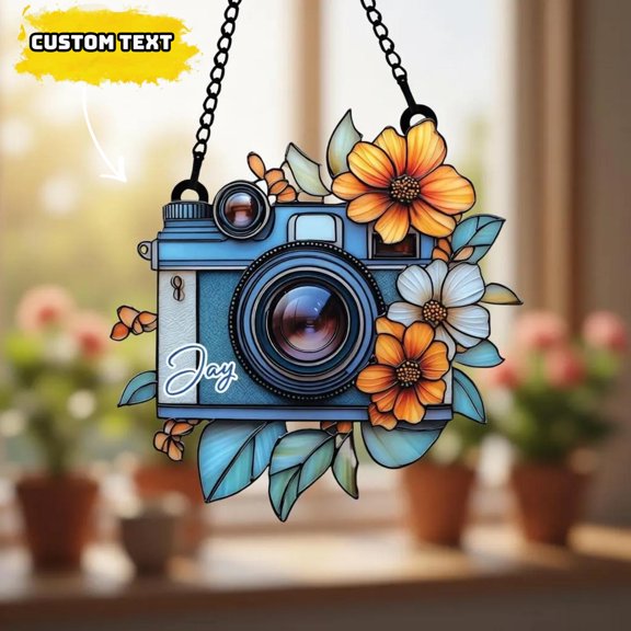 Retro Camera Acrylic Suncatcher Floral Window Hanging Vintage Home Studio Decor Photography Gift