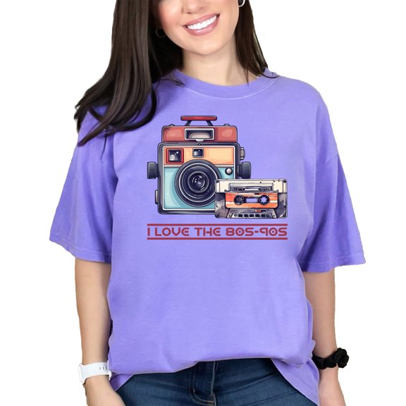 Retro Camera and Cassette Graphic T-Shirt, I Love the 80s 90s Nostalgia Tee, Vintage Music Lover Gift, Classic Media Shirt, Fun Gift, Violet Comfort Colors T-Shirt, XL