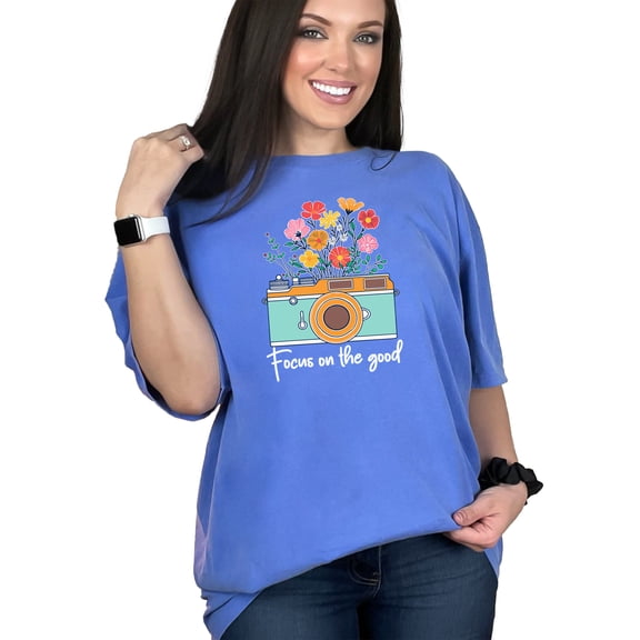Retro Camera Floral Design Graphic Tee, Unique Artistic Camera Flowers T-Shirt, Nature and Photography Lovers Gift, Trendy Vintage Shirt, Flo Blue Comfort Colors T-Shirt, Medium