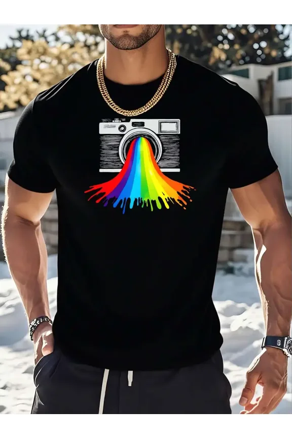Retro Camera Rainbow Color Burst Men Short Sleeve Graphic T-Shirt