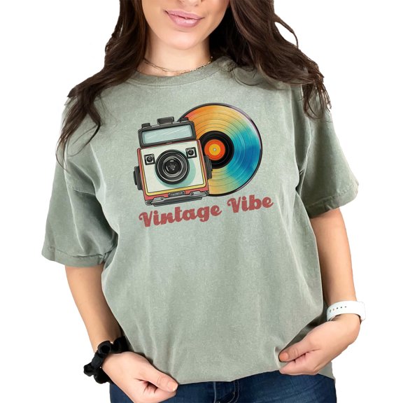Retro Camera Vinyl Record Graphic Tee, Vintage Vibe T-Shirt, Music Lover Gift, Photographer Shirt, Colorful Record T-Shirt, Moss Comfort Colors T-Shirt, 2XL