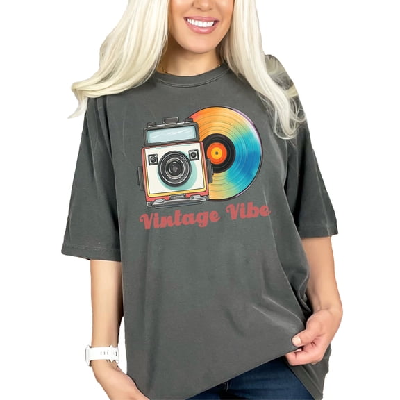 Retro Camera Vinyl Record Graphic Tee, Vintage Vibe T-Shirt, Music Lover Gift, Photographer Shirt, Colorful Record T-Shirt, Pepper Comfort Colors T-Shirt, 2XL