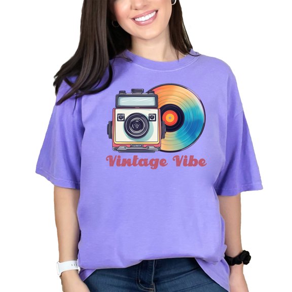 Retro Camera Vinyl Record Graphic Tee, Vintage Vibe T-Shirt, Music Lover Gift, Photographer Shirt, Colorful Record T-Shirt, Violet Comfort Colors T-Shirt, XL