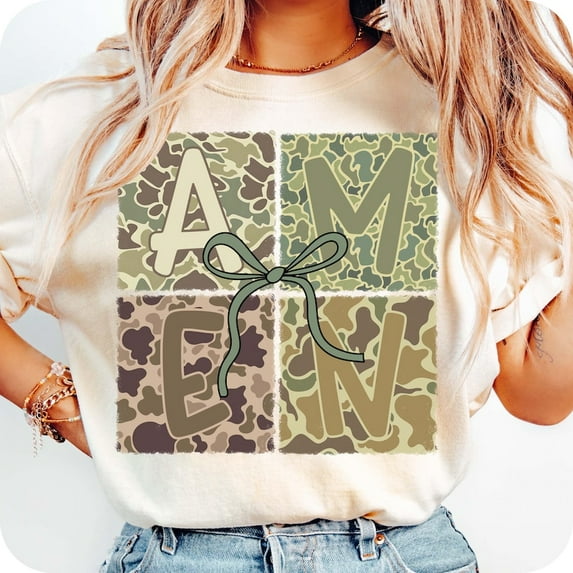 Retro Camo Amen Easter T-shirt, Easter Christian Camouflage Shirt, Preppy Easter Jesus Design, Women's Easter Tee