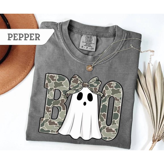 Retro Camo Ghost Coquette Preppy Boo Patchwork Ghost Tee Girly Camouflage Ghost Bow Pumpkin Tshirt All Size S-3XL