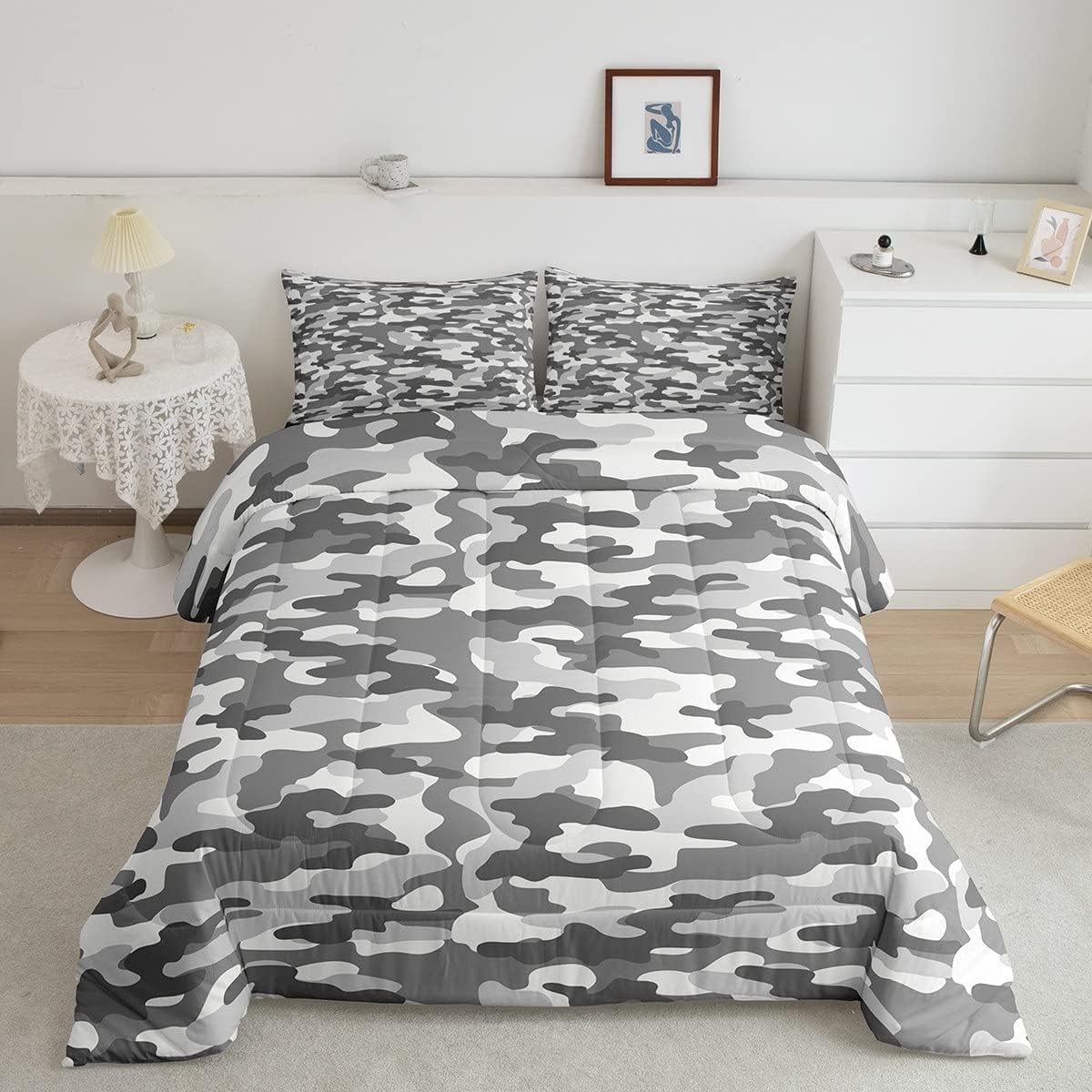 Retro Camouflage Comforter Set for Kids Teens, Camo Bedding Set Queen,Grey Army Graffiti