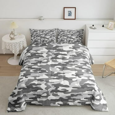 Retro Camouflage Comforter Set Teens, Camo Bedding Set Twin,Grey Army Graffiti Geometric Quilt Set,Farmhouse Camo Down Comforter with 1 Pillowcase