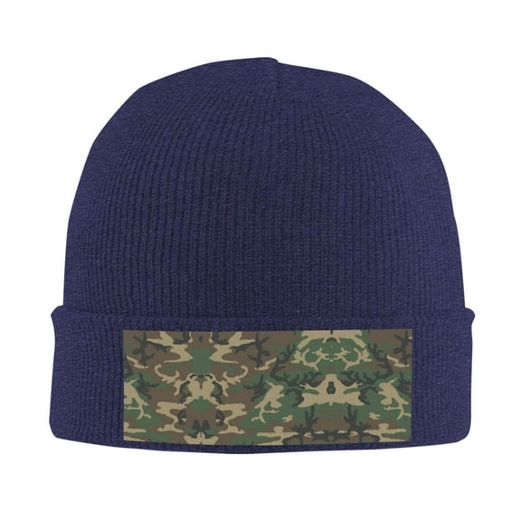 Retro Camouflage Pattern Beanie Hat Knit Hat Skull Cap for Men Women Winter Hat Navy Blue