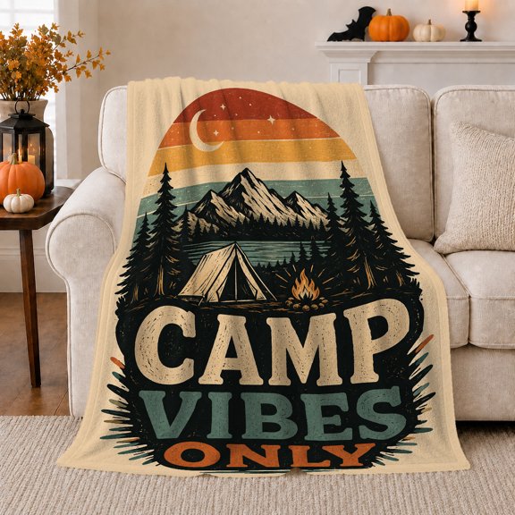 Retro Camp Tent Fire Scene Pine Mountains, Rustic Camping Scene, Warm Flannel Blanket for Cabin and Lodge with Detailed Artwork, Outdoor Lovers Camping Gift, Artistic Home Decor