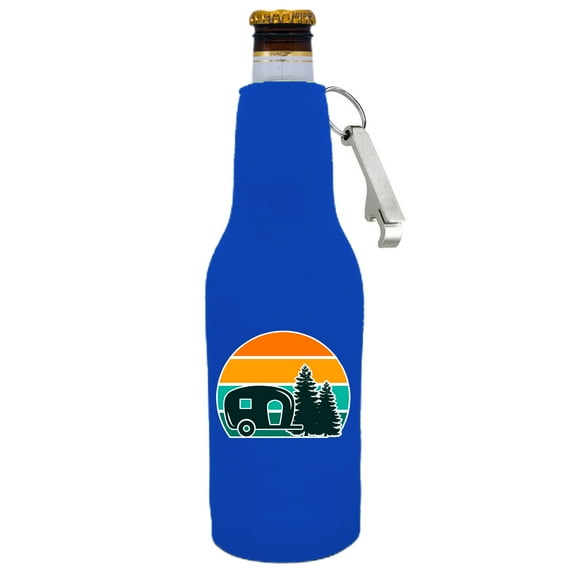 Retro Camper Beer Bottle Coolie With Opener (Royal Blue)