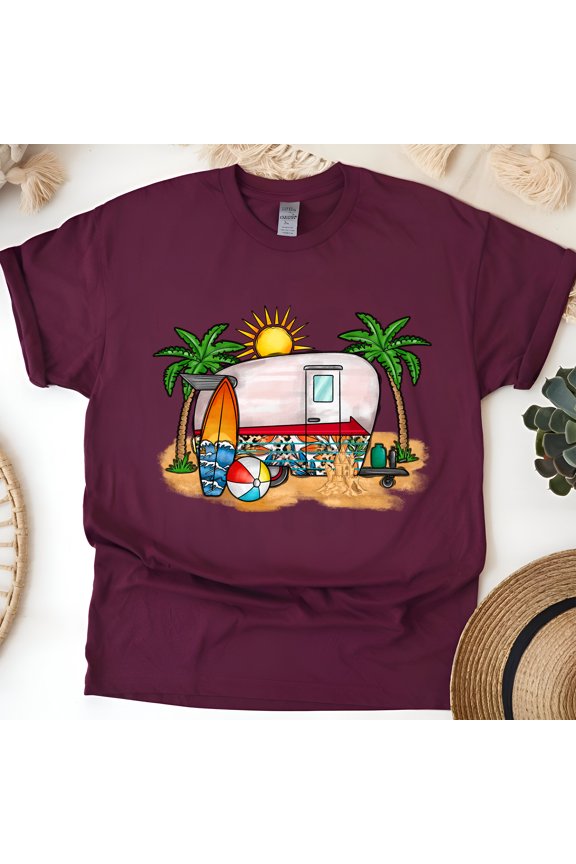 Retro Camper Graphic Tee, Surf & Sun Beach Trip Shirt, Outdoor Theme, Maroon, Size L