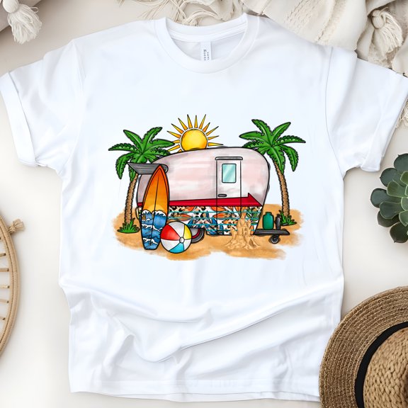 Retro Camper Graphic Tee, Surf & Sun Beach Trip Shirt, Outdoor Theme, White, Size S
