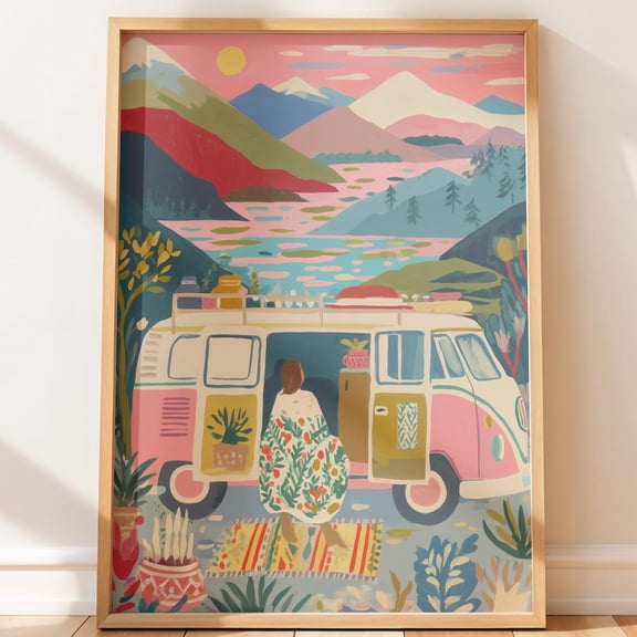 Retro Camper Van Adventure Travel Art In Scenic Landscape Lifestyle Illustration Cottagecore Vibes Overlander Journey, Unframed Poster