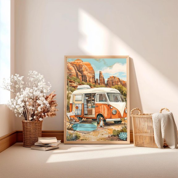 Retro Camper Van Beagle Wall Art Print Desert Camping Road Trip Vintage Adventure Dog