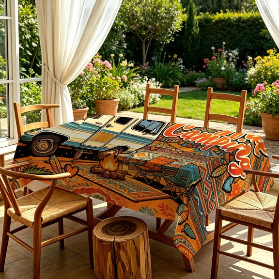Retro Camper Van Campfire 2D Print Rectangular Tablecloth, Patterned Fabric Table Cover for Kitchen Dining Outdoor Patio Backyard Weekend Gatherings, Ideal Gift for Camping Party Decor