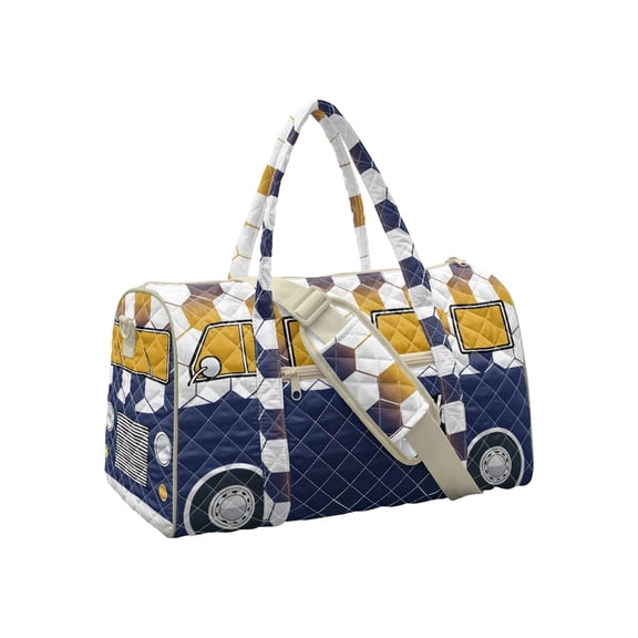 Retro Camper Van Quilted Duffel Bag, Vintage Sports Van Print Travel Tote with Adjustable Strap, Large Capacity Weekender Bag