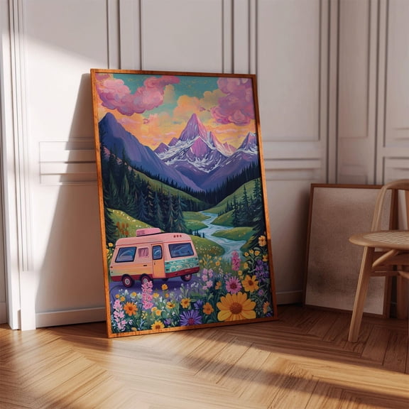 Retro Camper In Wildflower Valley Colorful Mountain Sunset Landscape Boho Nature Road Trip Adventure Wall Art Wall Art, Modern Wall Decor, 8x12 UNFRAMED