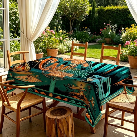 Retro Camping Adventure Themed 2D Print Rectangular Tablecloth, Decorative Table Cover for Kitchen Dining Outdoor Backyard Patio Gatherings, Ideal Christmas Gift for Camping Holiday Party Decor