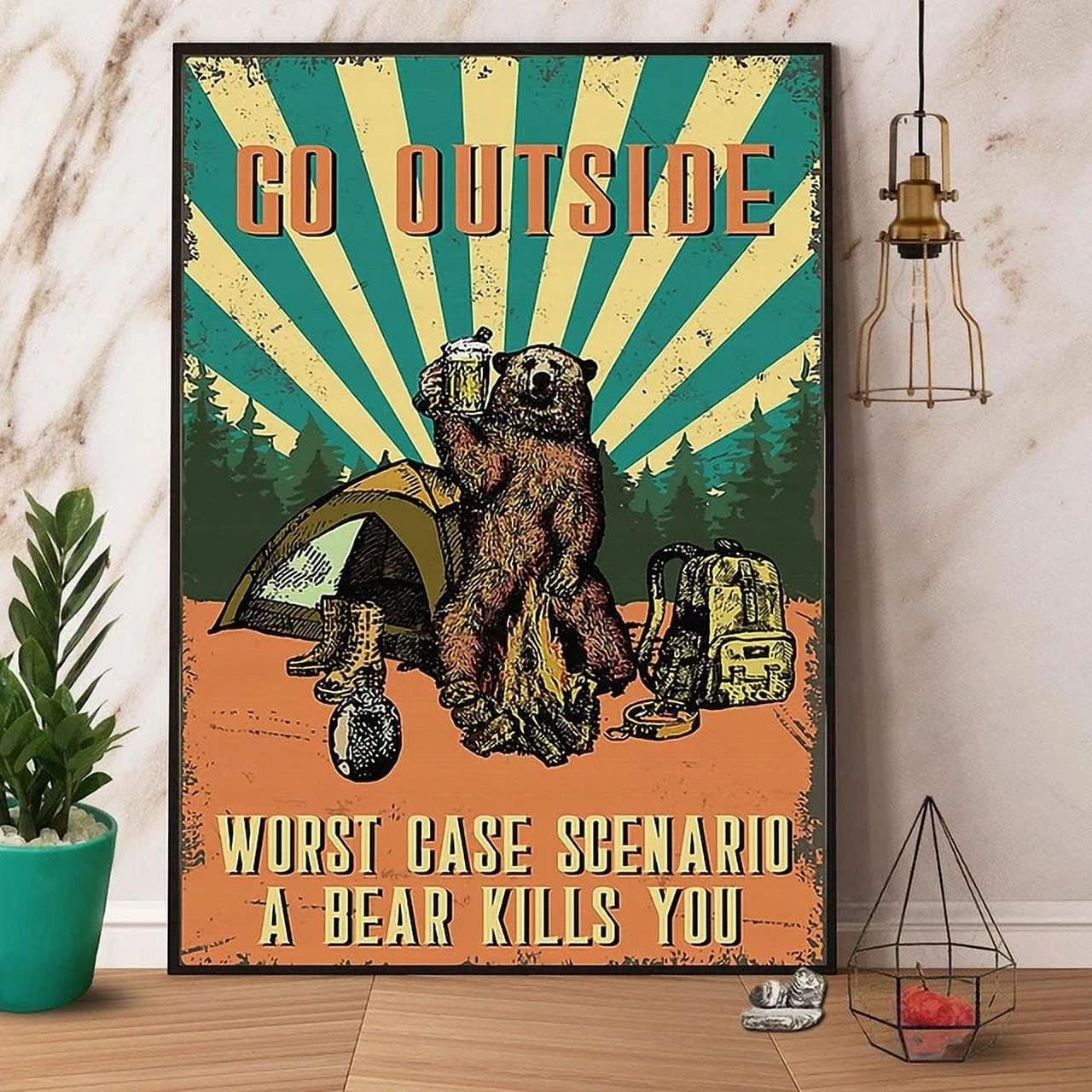 Retro Camping Bear Go Outside Paper Poster No Frame Matte Wall Art ...