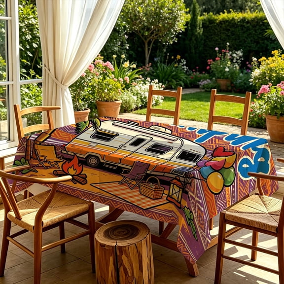 Retro Camping Trailer RV 2D Print Rectangular Tablecloth, Decorative Table Cover for Outdoor Patio Garden Backyard Picnic Kitchen Dining Gatherings,Ideal Gift for Camping & Adventure Lovers