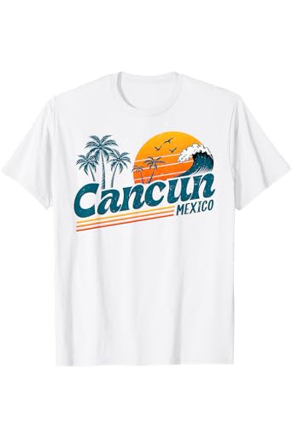 Retro Cancun Mexico Sunset Palm Tree Beach Summer Vacation T-Shirt All Size S-5XL