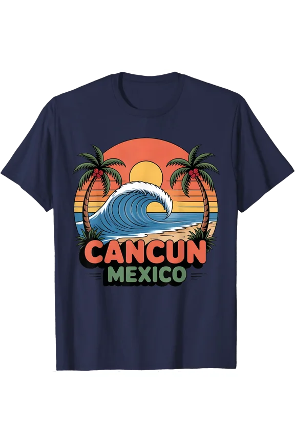 Retro Cancun Mexico Sunset Palm Tree Beach Summer Vacation T-Shirt