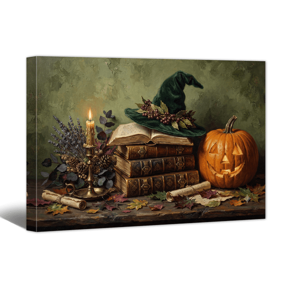 Retro Candle Pumpkin Magic Hat Image Canvas Print Halloween Canvas Wall Art, Rustic Scene Spooky Artwork Vintage Painting for Living Room Bedroom Home Office Decor