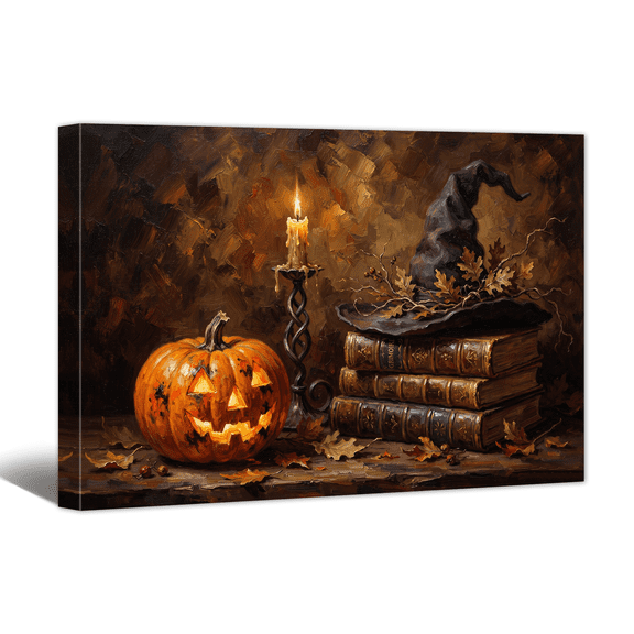 Retro Candle Pumpkin Magic Hat Image Canvas Wall Art with Halloween Print, Rustic Scene Spooky Vintage Artwork Painting for Living Room Bedroom Home Office Decor