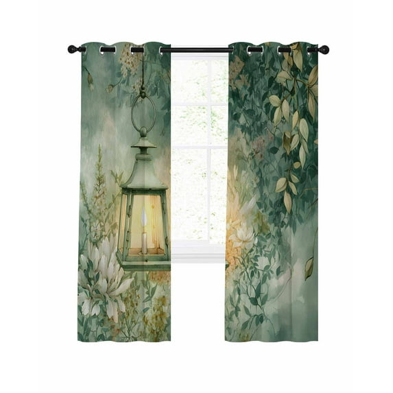 Retro Candles Blackout Curtains 45 Inch Length Flowers Green Leaf Watercolors Spring Plant Thermal Insulated Window Curtain Window Drapes 2 Panels for Bedroom Living Room 52"Wx45"L