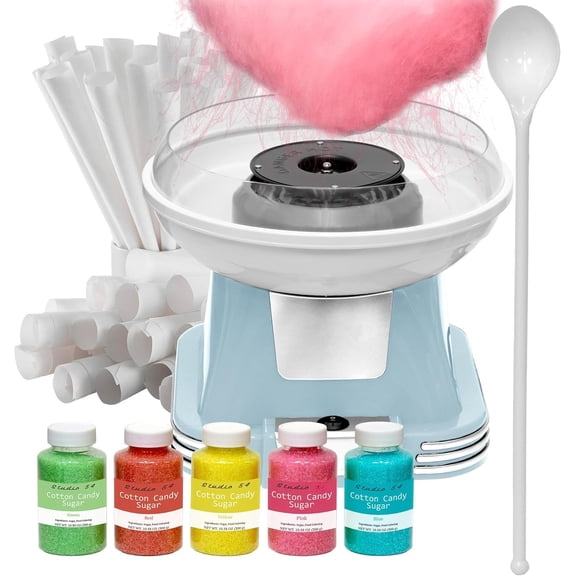 Retro Candy Machine with 5 Jars (11oz Each) Floss Sugar, 50 Paper Cones, Easy Cleanup Candy Maker, Durable Retro Design, Makes 20-30 Servings per Jar, BPA & Lead Free