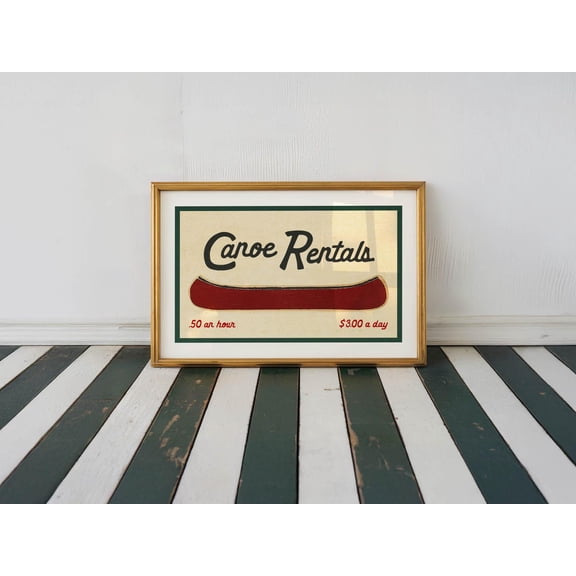 Retro Canoe Rentals Print: Rustic Lake House Wall Art, Unframed Paper Poster 8x10in