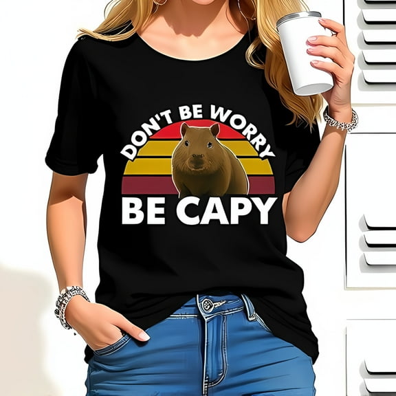 Retro Capybara Graphic Cotton Short Sleeve T-Shirt - " DON'T BE WORRY BE CAPY " Sunset Design Casual Fit