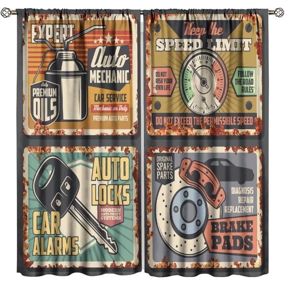 Retro Car Curtain, Vintage Country Garage Antique Car Repair Shop Poster Design Window Drapes, for Living Room Bedroom 55" W X 39" L