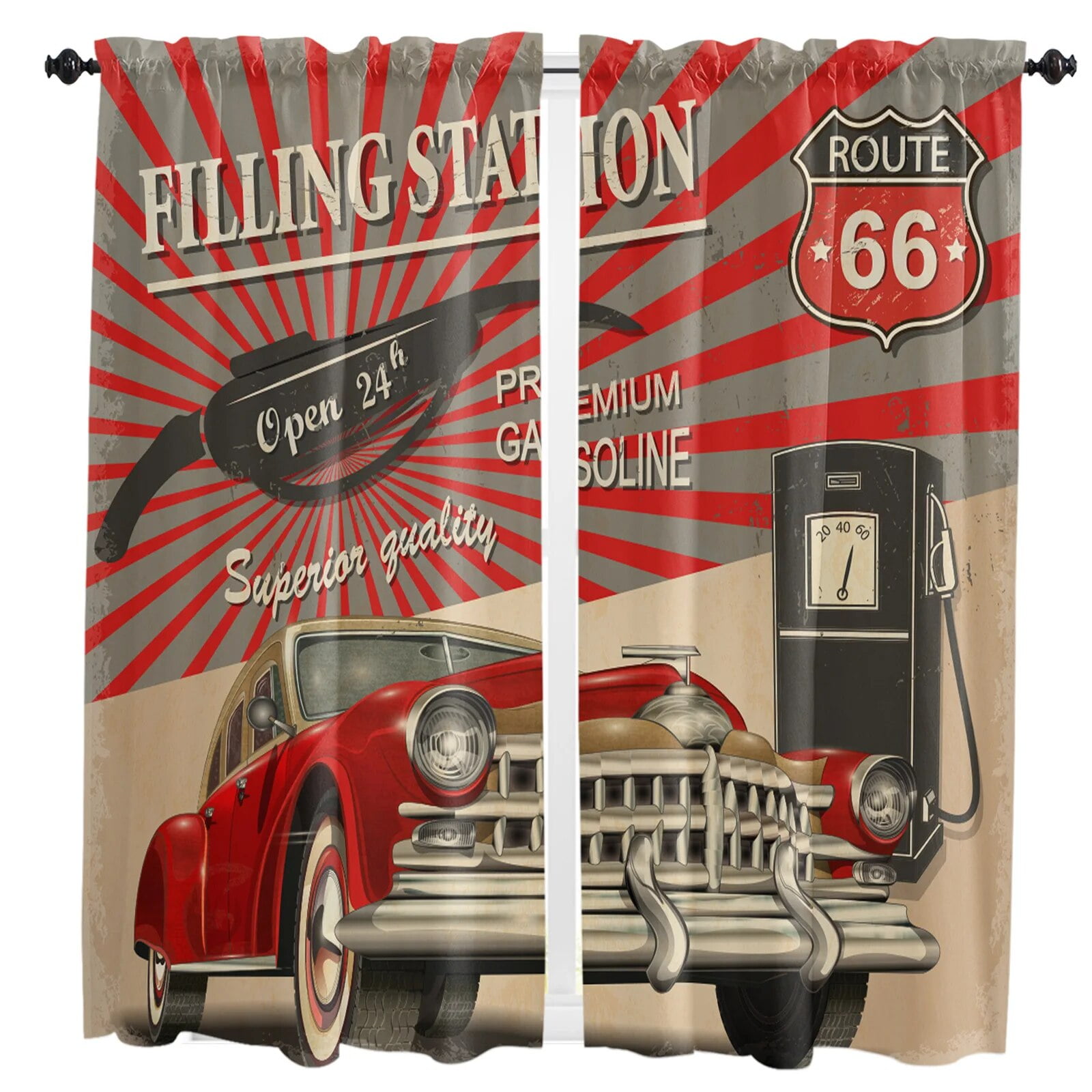 Retro Car Poster Route 66 Curtains for Living Room Bedroom Curtains Kitchen Curtains for the