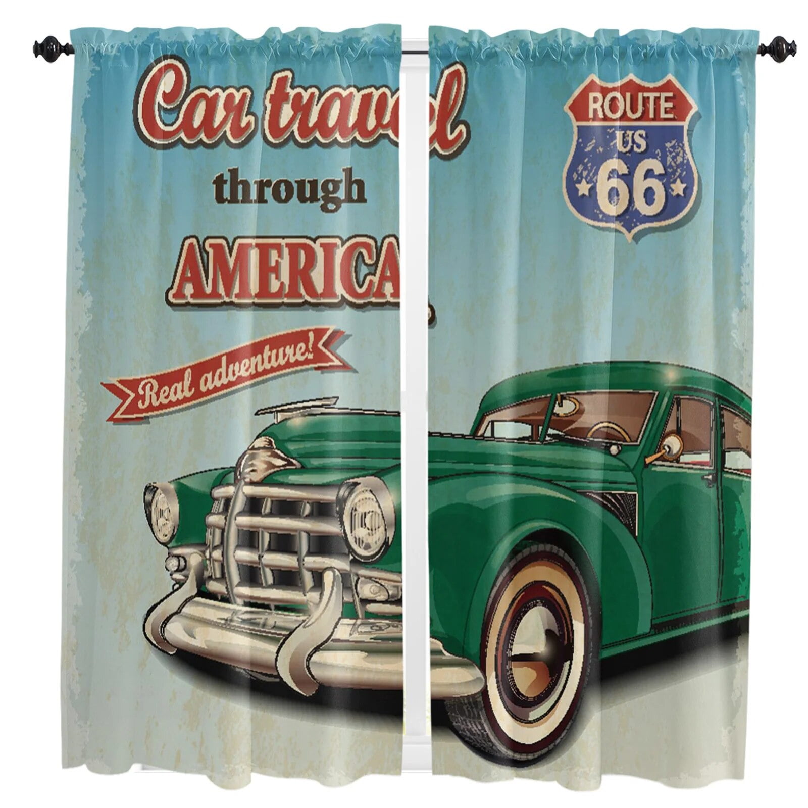 Retro Car Poster Route 66 Curtains for Living Room Bedroom Curtains Kitchen Curtains for the
