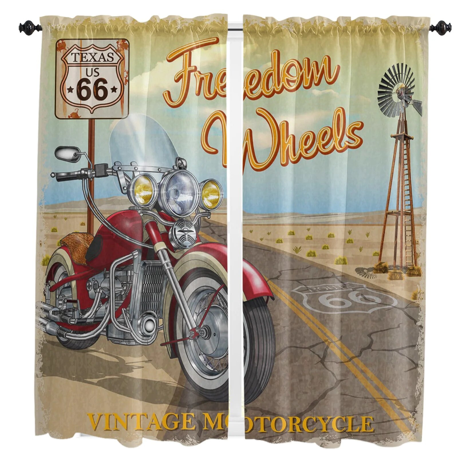 Retro Car Poster Route 66 Curtains for Living Room Bedroom Curtains Kitchen Curtains for the