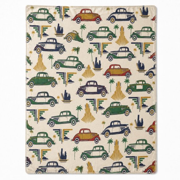 Retro Car Print Fleece Blanket, 280 GSM Polyester Throw