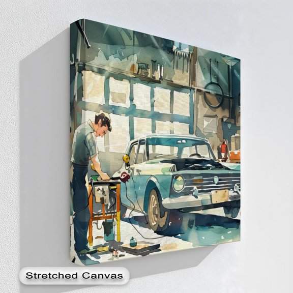 Retro Car Repair Garage Art Art Nostalgic Auto Mechanic Scene White