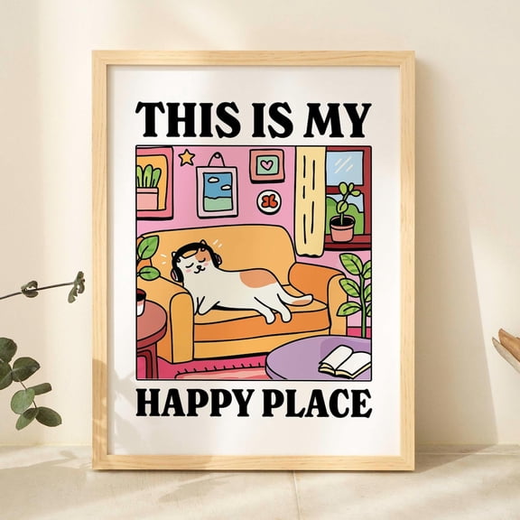 Retro Car Wall Decor Romantic Chill Living Room Art Happy Place Quote Cozy Home Art, Unframed Paper Print Size 8x12