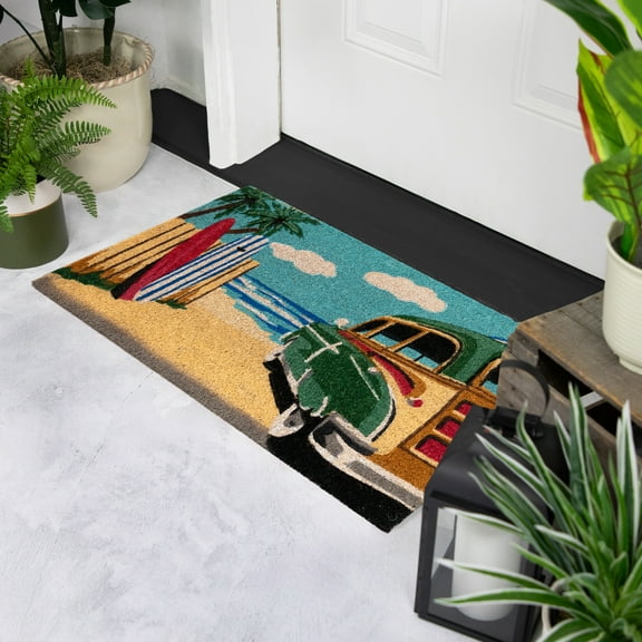 Northlight Retro Car on Beach Rectangular Coir Door Mat 18" x 30"