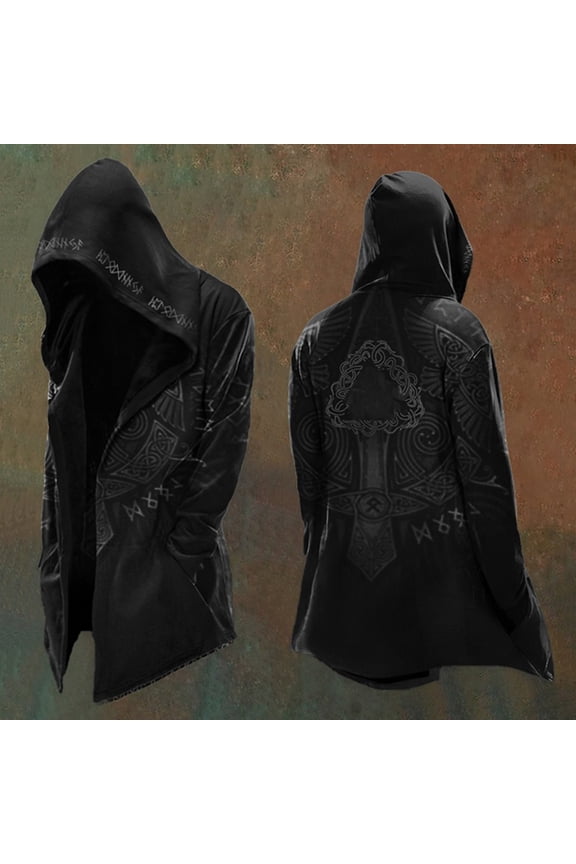 Retro Cardigan Jacket for Men Medieval Norse Mythology Mid Length Jacket with Hooded Halloween Party Coat Khaki XXXXL
