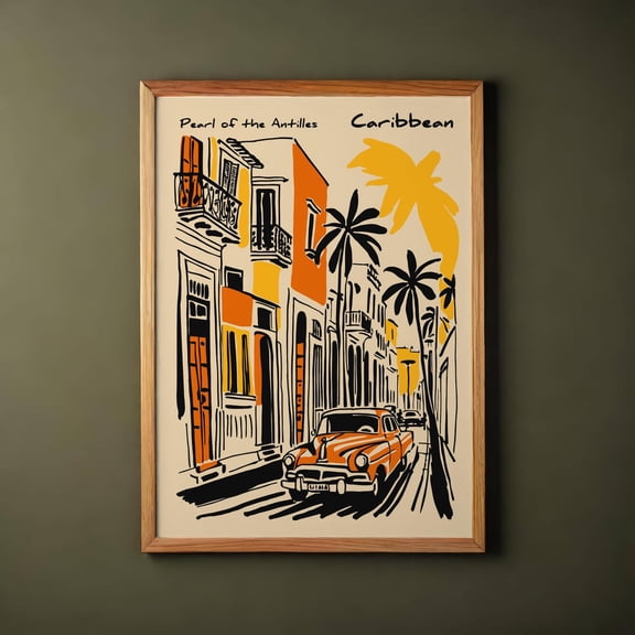 Retro Caribbean Street Scene Poster Vintage Car Architecture Art, Unframed Canvas 8x10in