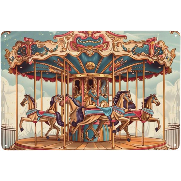 Retro Carousel Tin Sign,Rustic Metal signs for Living Room,Office,Bar,Nostalgic Decor artistic plaque,Decorative posters for walls,gift for carousel enthusiasts,Easy to hang 8x12 inch