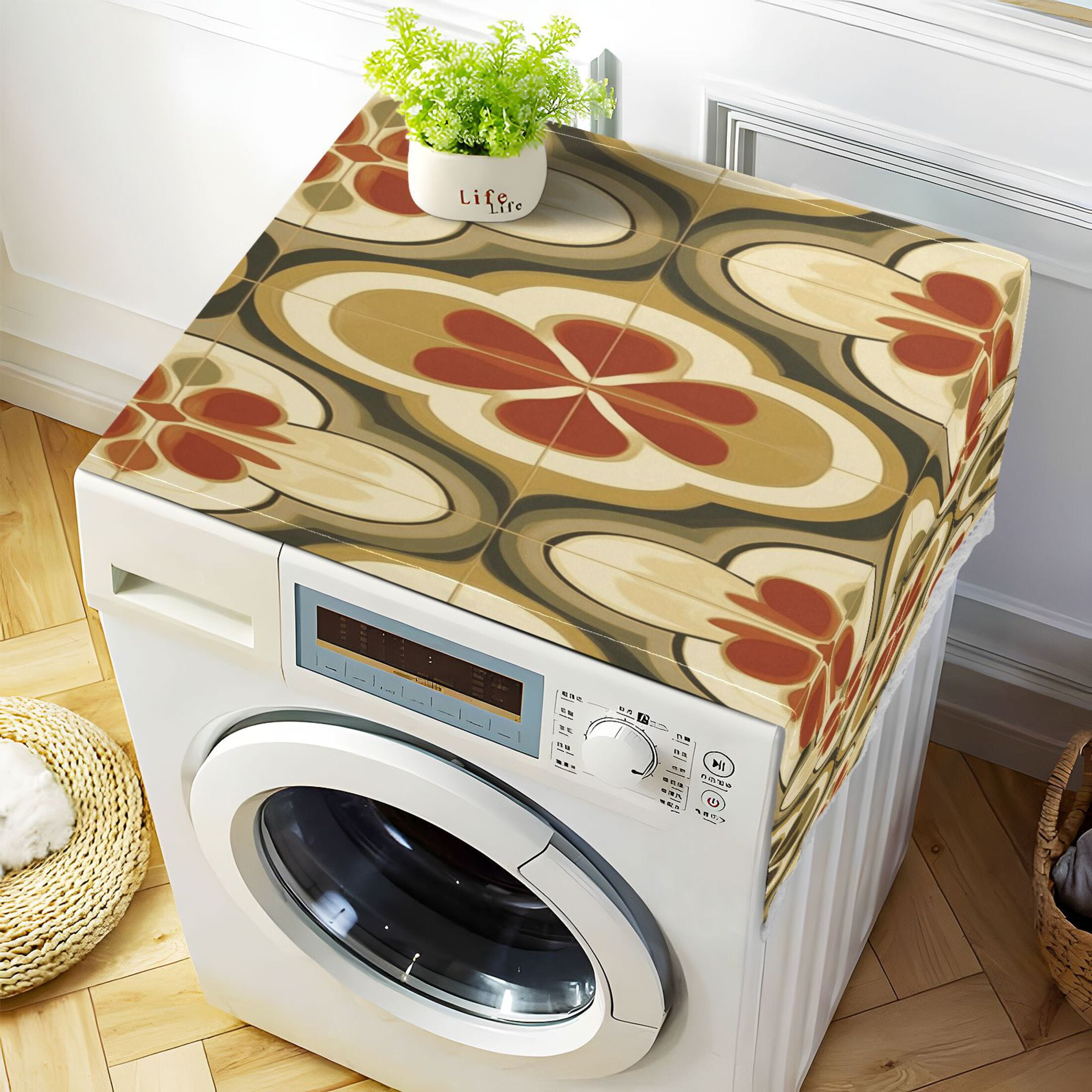 Retro CarpetWasher and Dryer Covers Dust-Proof and Oil Resistant Fridge Cover with 4 Storage Pockets Washing Machine Top Cover for Laundry Kitchen Home 51.2 x 22 In